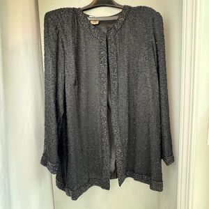 Vintage & New Patra Women’s 2X Black Silk Beaded Open Jacket 80s Glam Evening